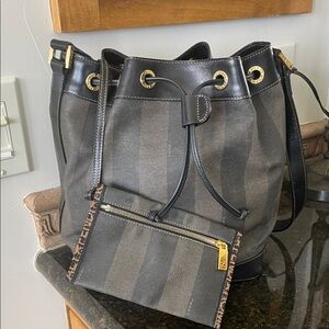 Striped Bucket Shoulder Bag with Pouch - Black